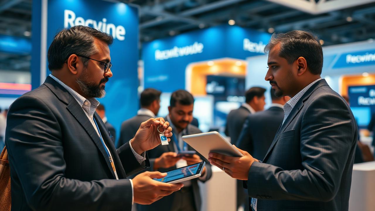 Professionals exchanging a CigyID smart tag at a business event